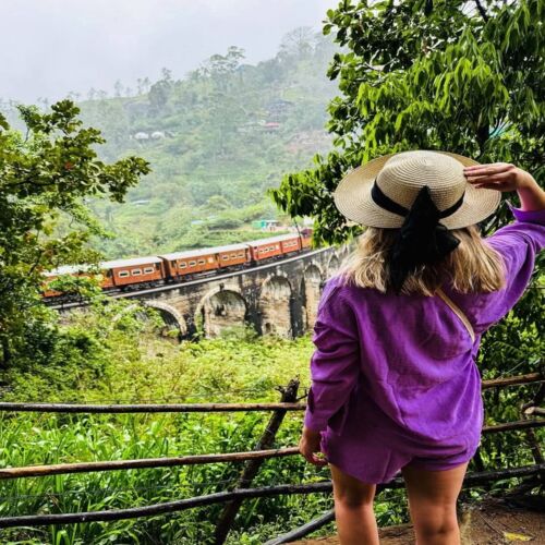 Blue train winding through tea hills between Kandy and Ella